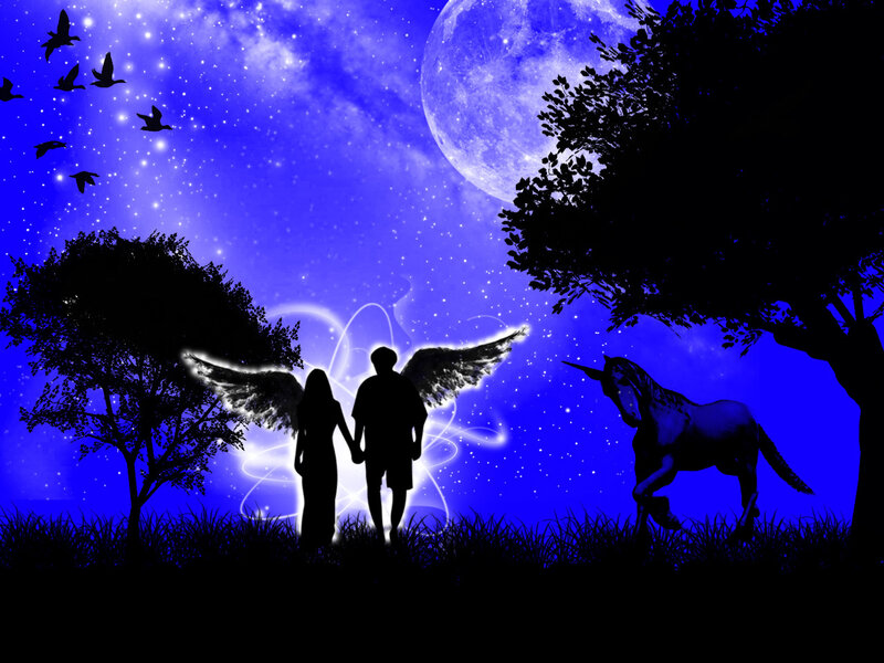 couple with angel wings under moonlight