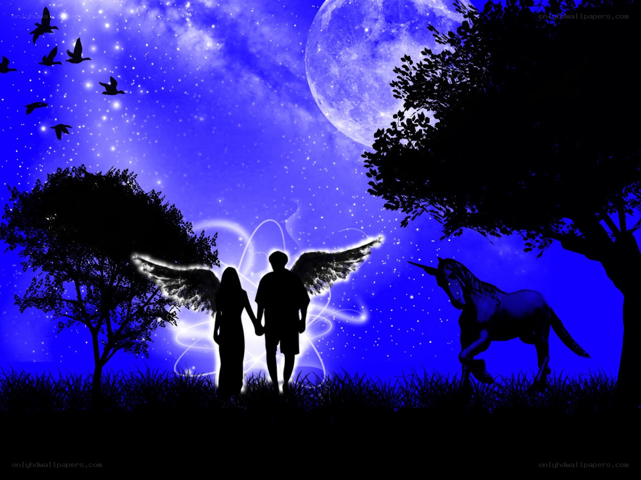 couple with angel wings under moonlight