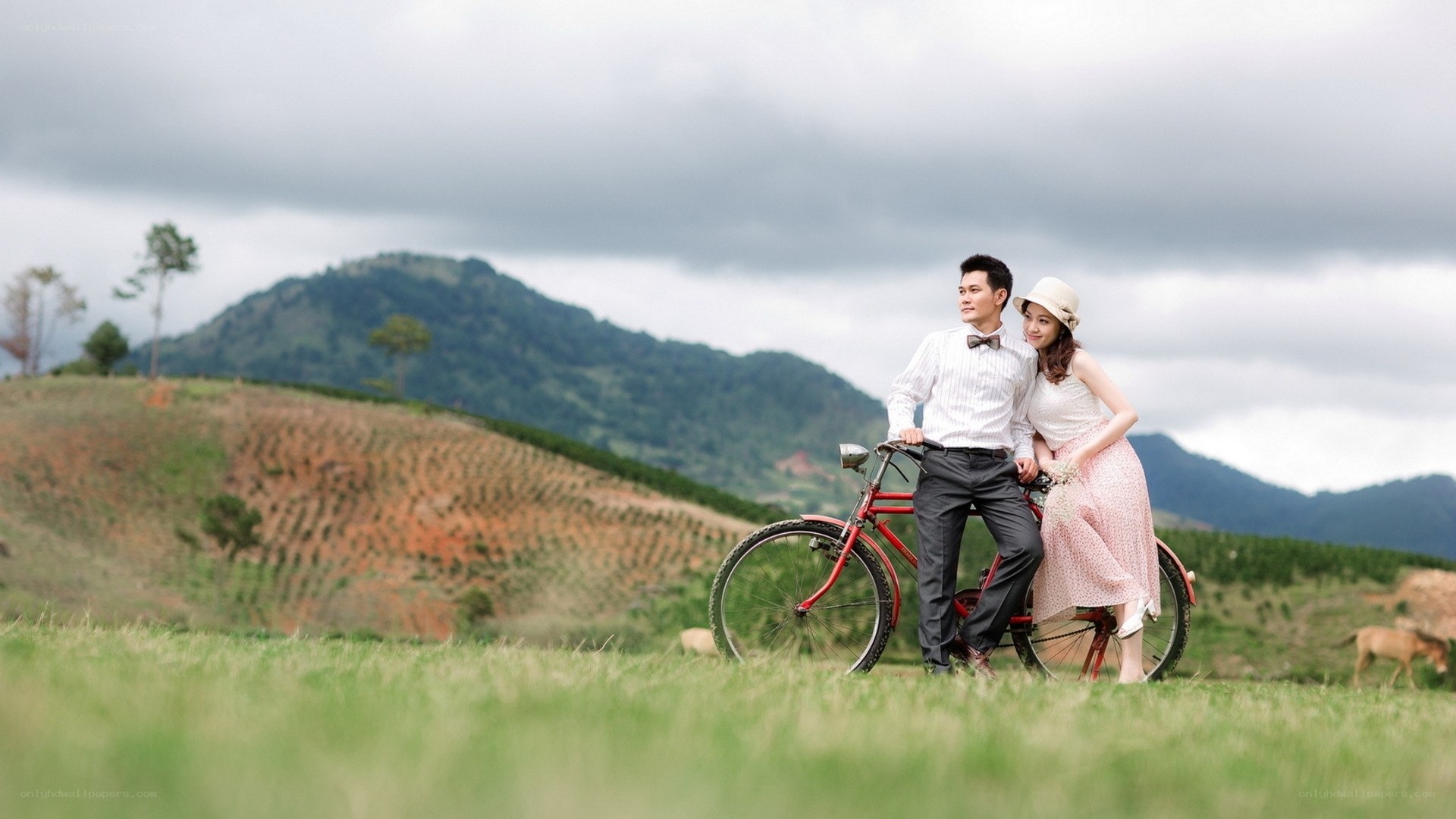 Couple with bicycle in field