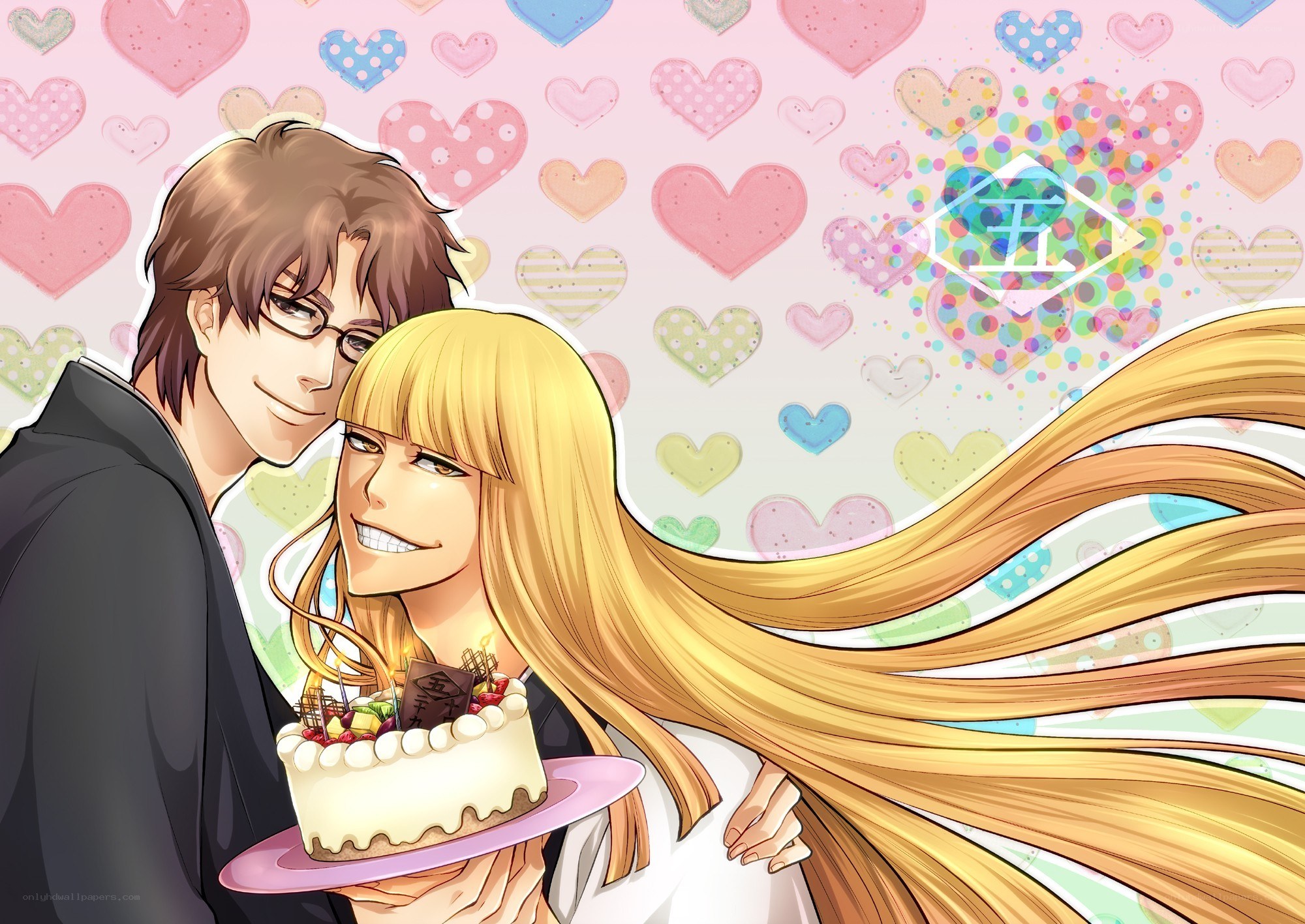 Couple with cake and hearts