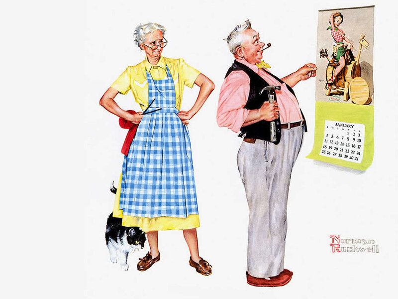 Couple with calendar and cat