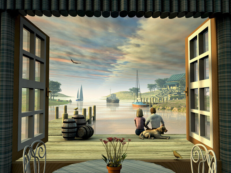 Couple with Dog on Dock