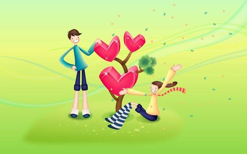 Couple with Heart Tree — Green, Joyful, Digital Art