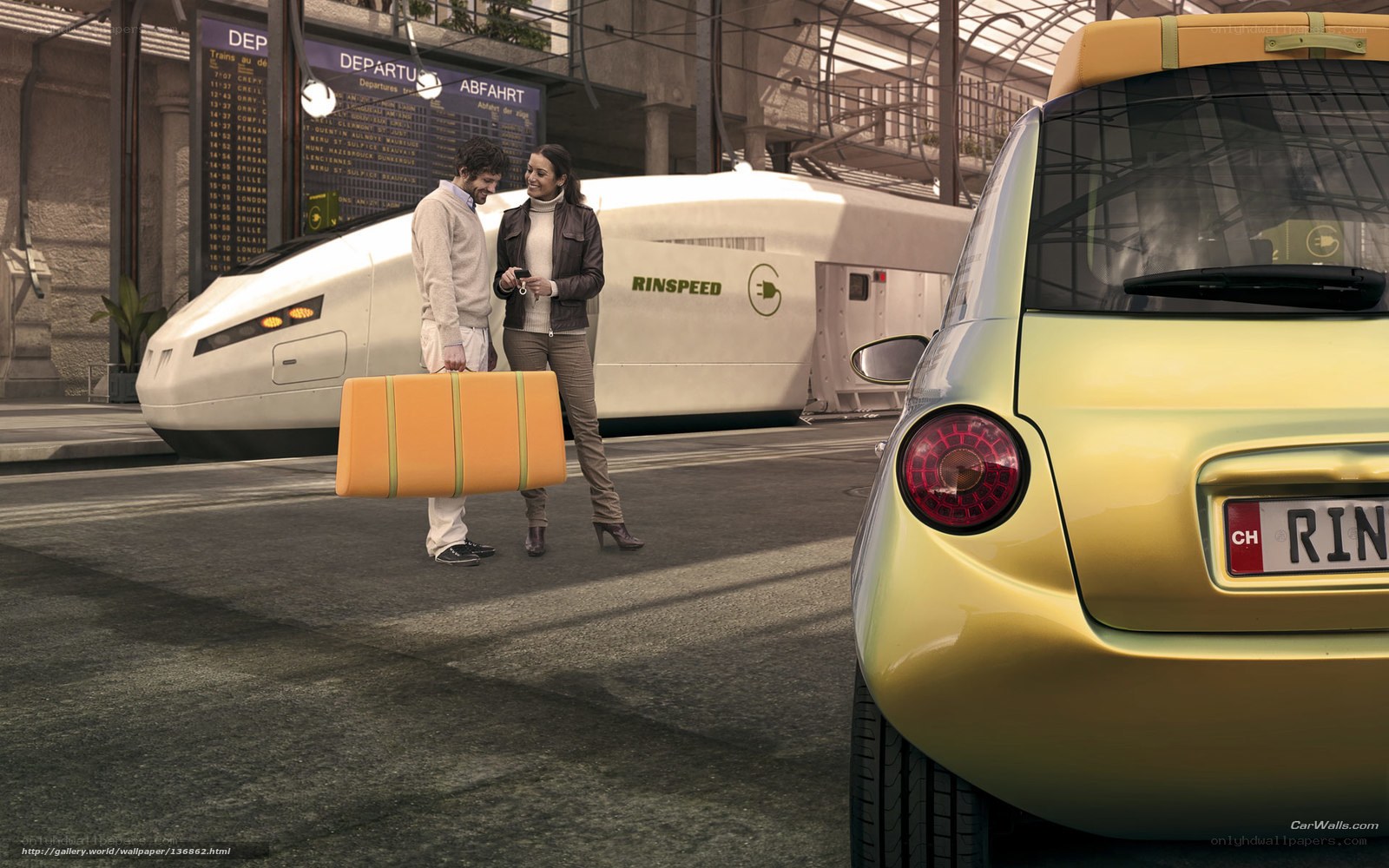 Couple with luggage at train station