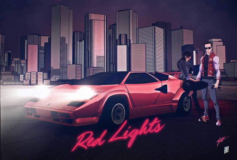 Couple with Red Car — Dramatic, Night