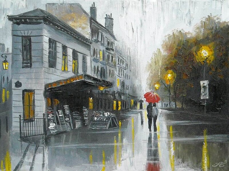 Couple with Red Umbrella — Gray