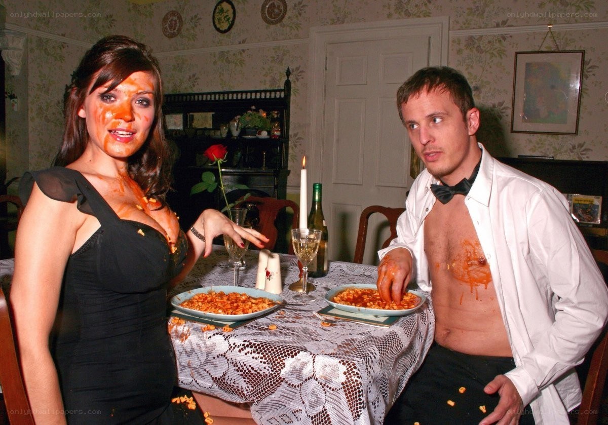 Couple with spaghetti mess