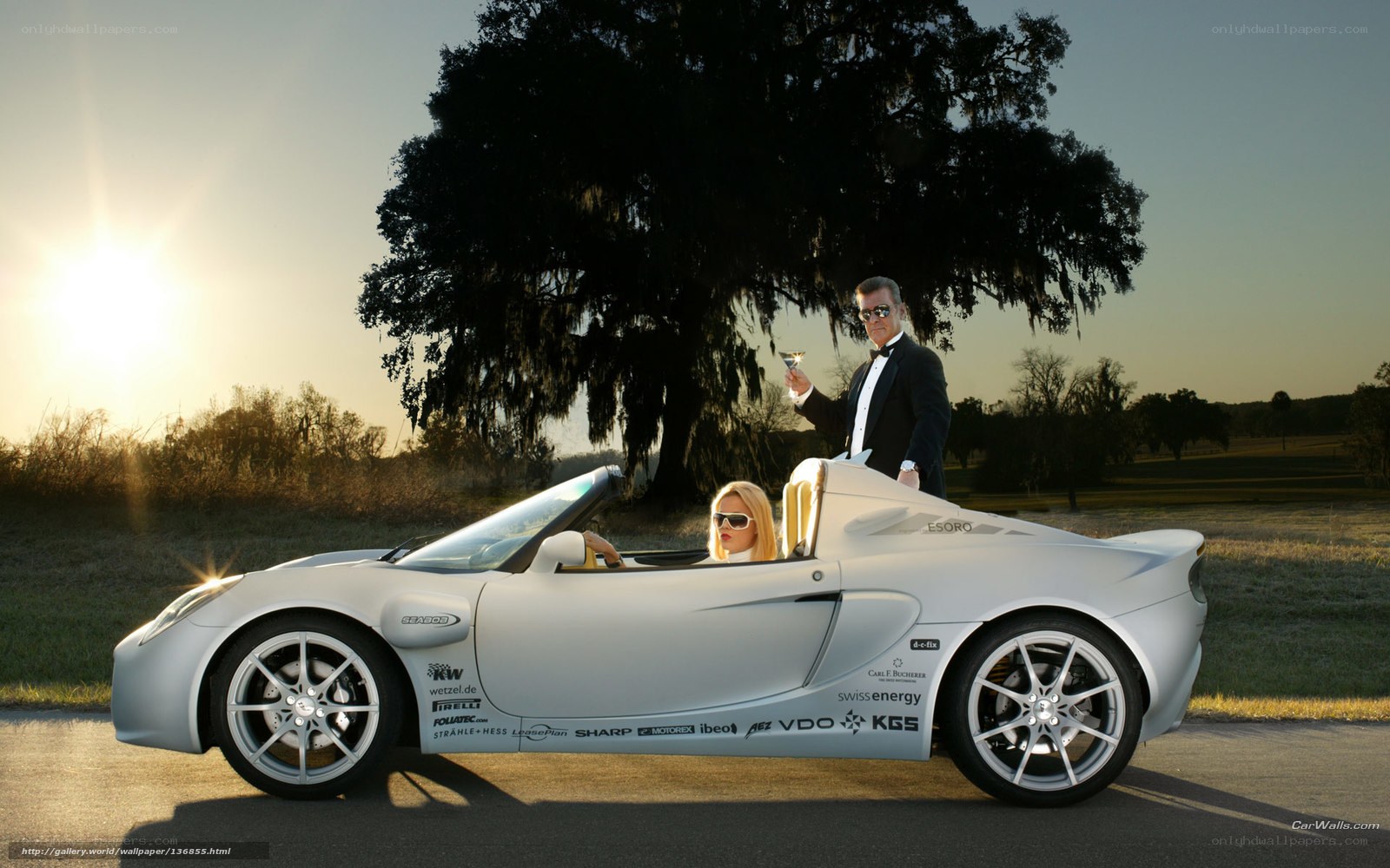 Couple with sports car at sunset