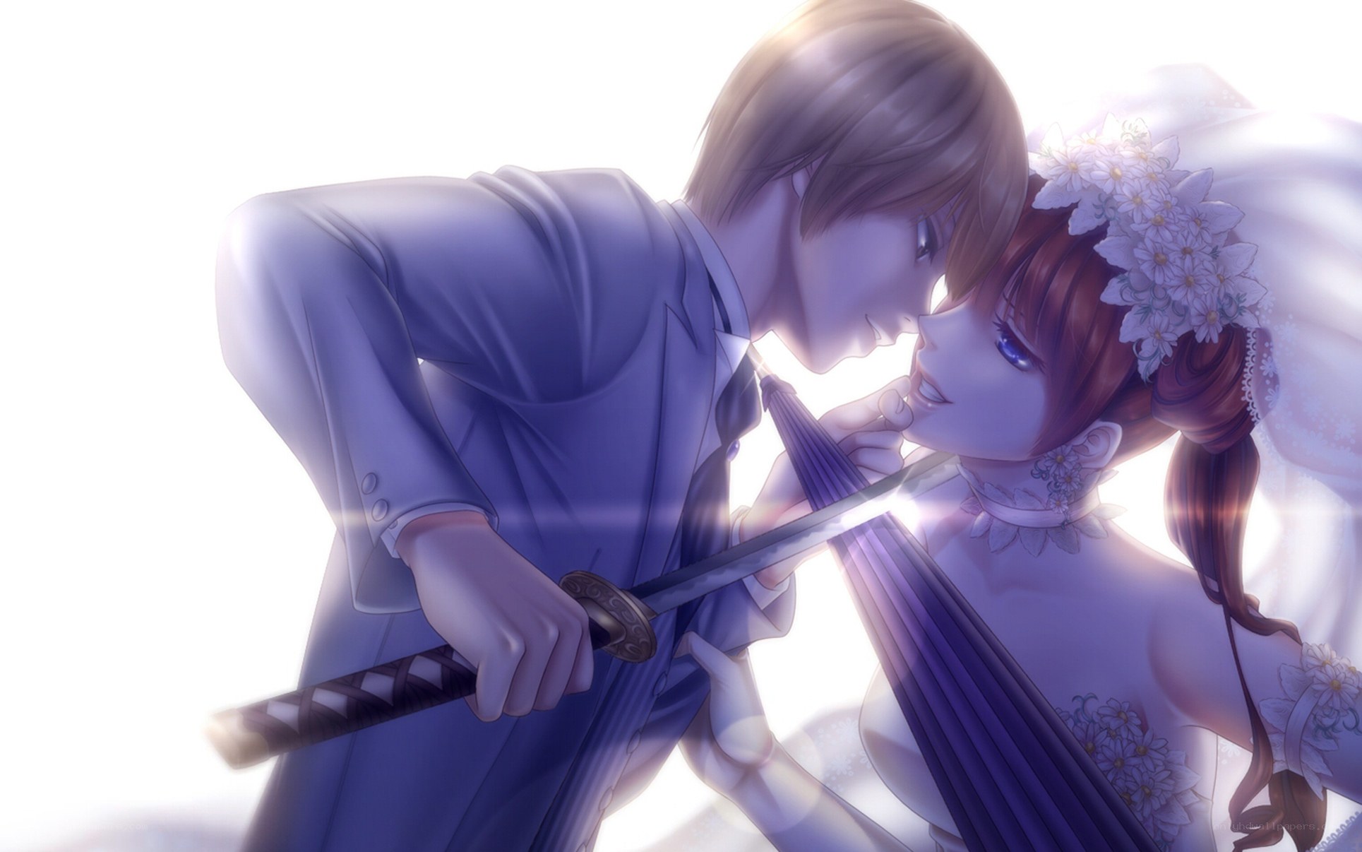 Couple with sword and umbrella