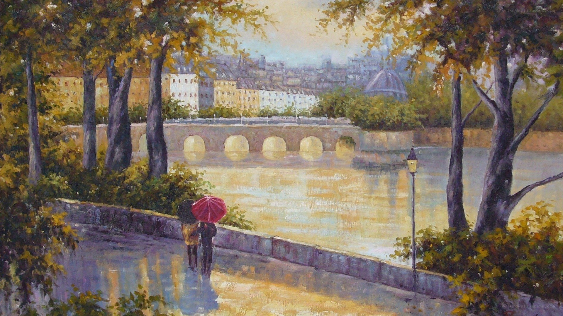 Couple with umbrella by river
