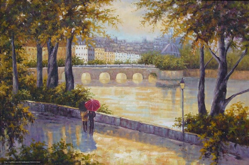 Couple with umbrella by river