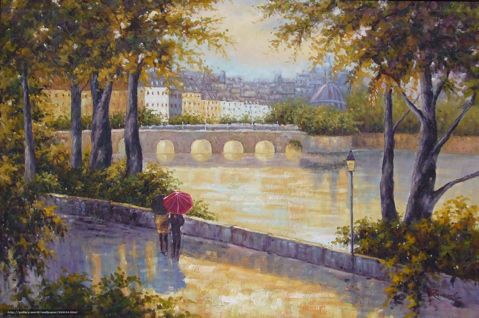Couple with umbrella by river