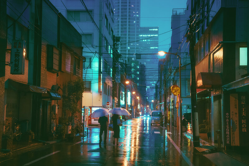 Couple with Umbrellas — Blue
