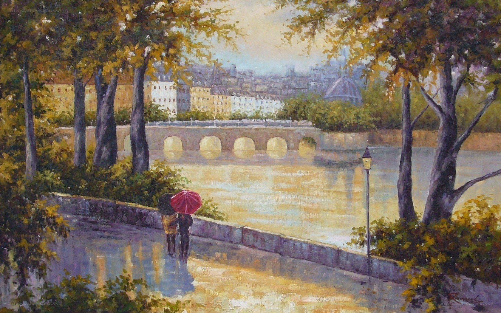 Couple with umbrellas by the river