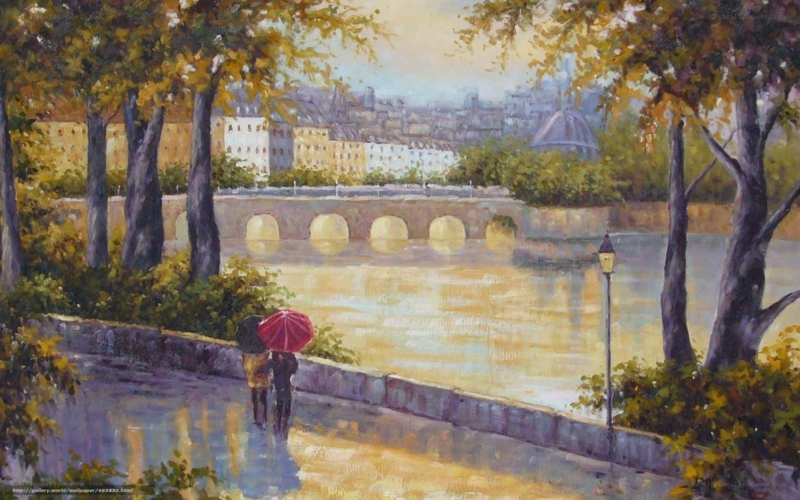 Couple with umbrellas by the river