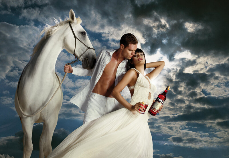 Couple with white horse and drink