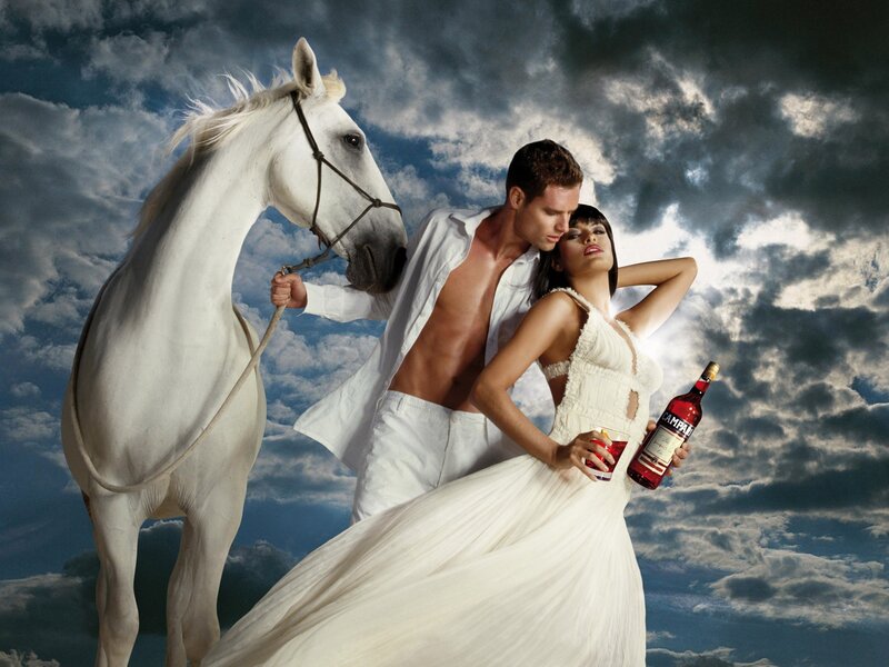 Couple with white horse and drink