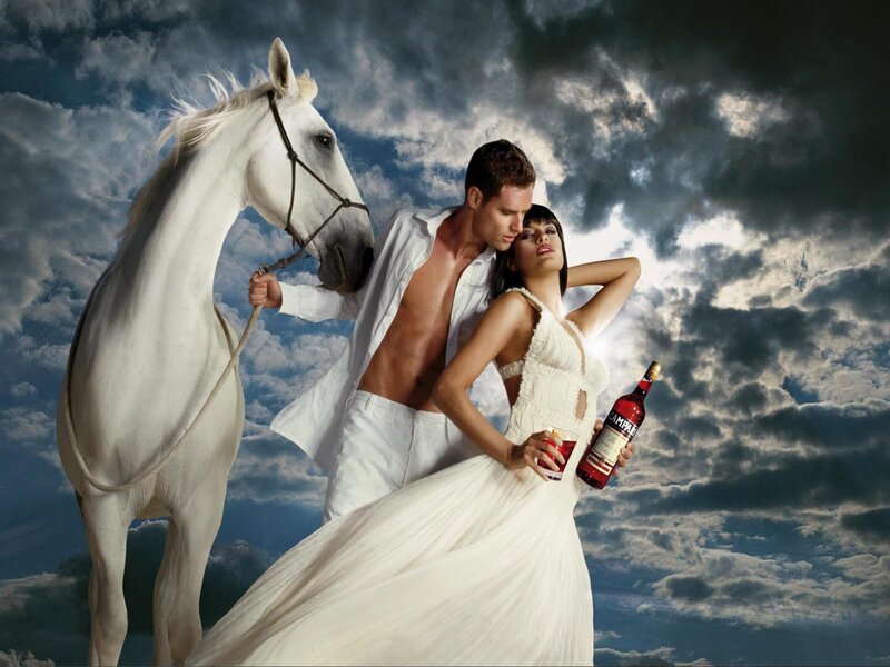 Couple with white horse and drink