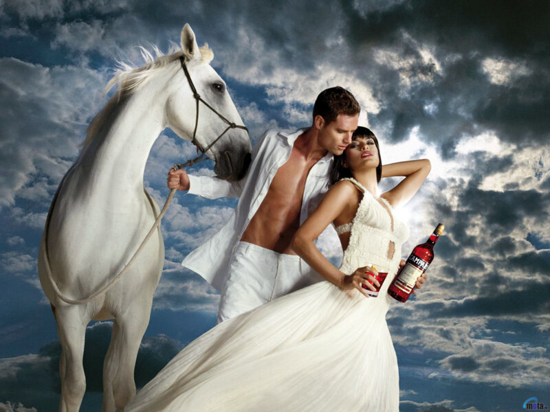 Couple with white horse and drink