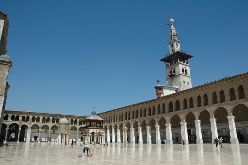 Courtyard of a mosque with minaret