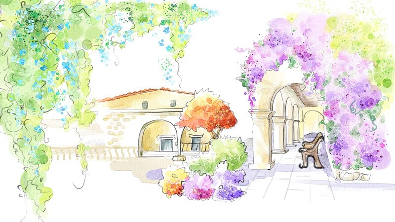 Courtyard with Arches and Flowers