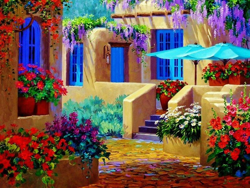 Courtyard with Flowers — Blue