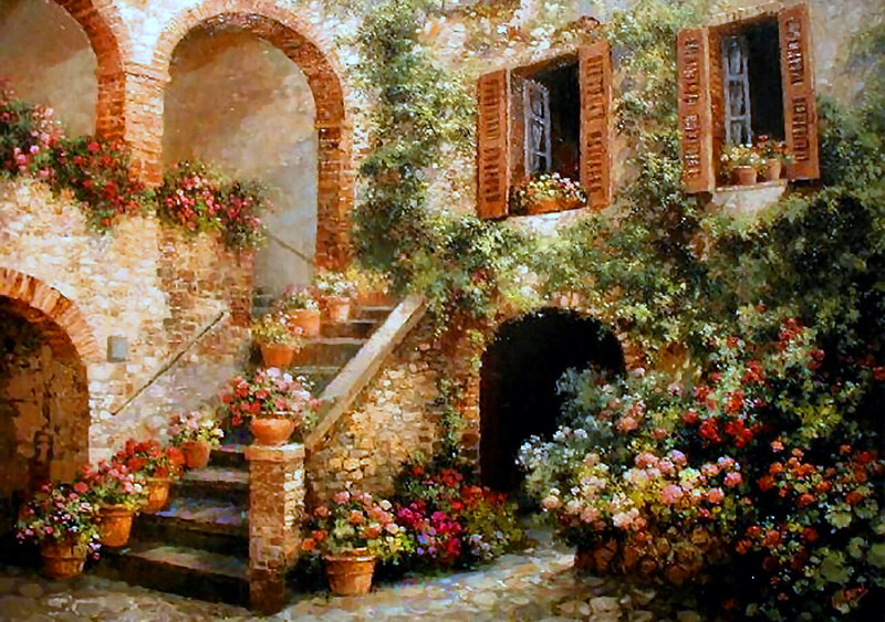 Courtyard with Flowers — Green, Serene, Afternoon