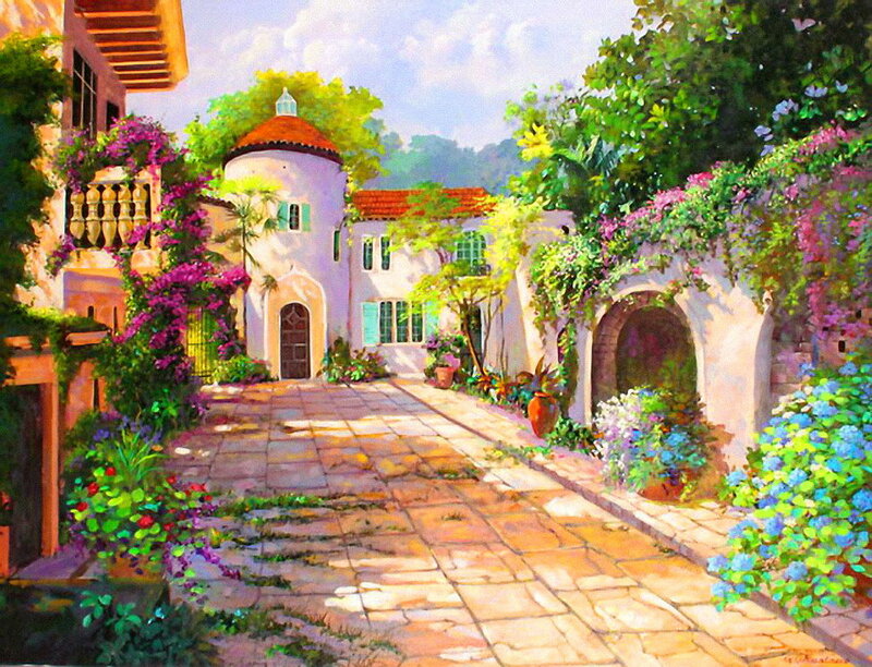 Courtyard with Flowers — Green, Serene