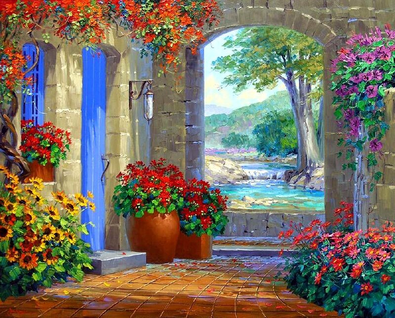 Courtyard with Flowers — Red