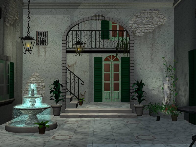courtyard with fountain and statue