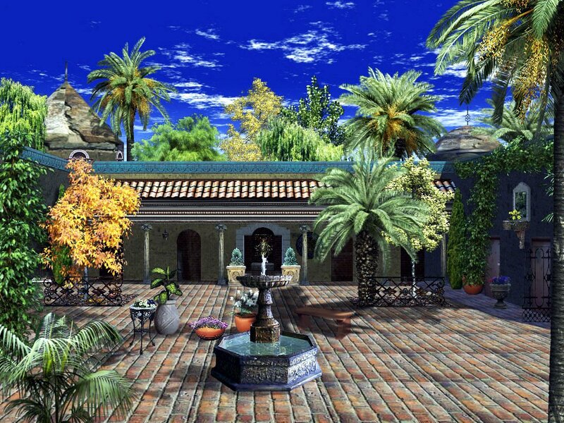 Courtyard with Fountain — Blue, Serene, Afternoon