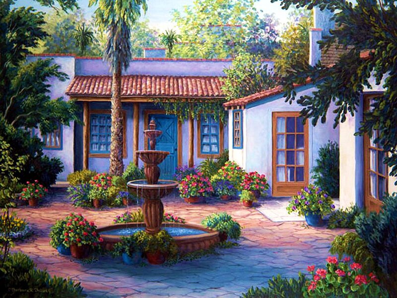 Courtyard with Fountain — Blue, Serene
