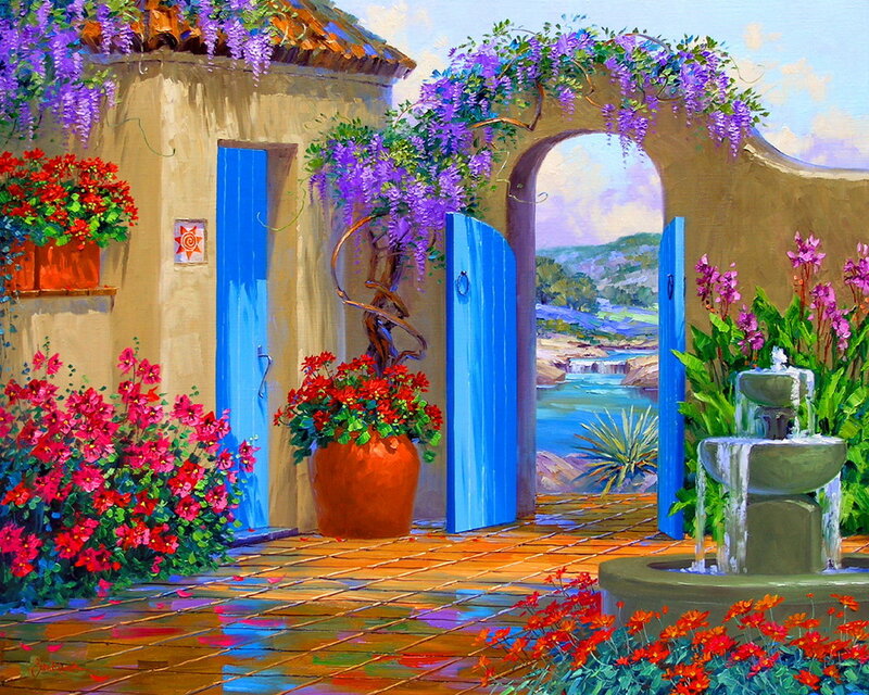 Courtyard with Fountain — Blue