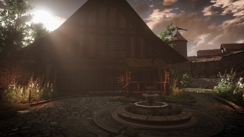 Courtyard with Fountain — Brown, Dramatic, Sunset
