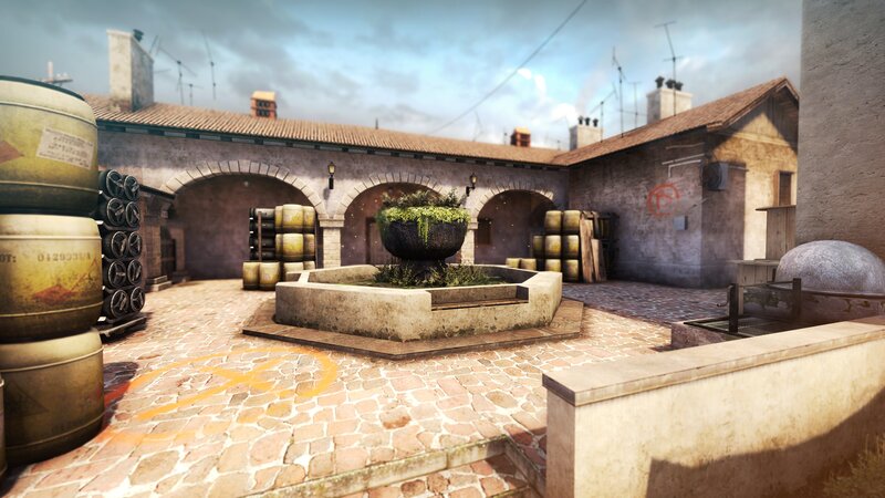 Courtyard with Fountain — Brown, Dramatic