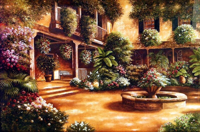 Courtyard with Fountain — Brown, Serene, Sunset