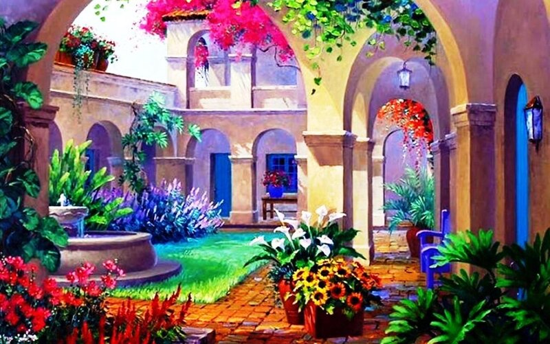 Courtyard with Fountain — Green, Serene, Afternoon, Painting, Arches, Plants