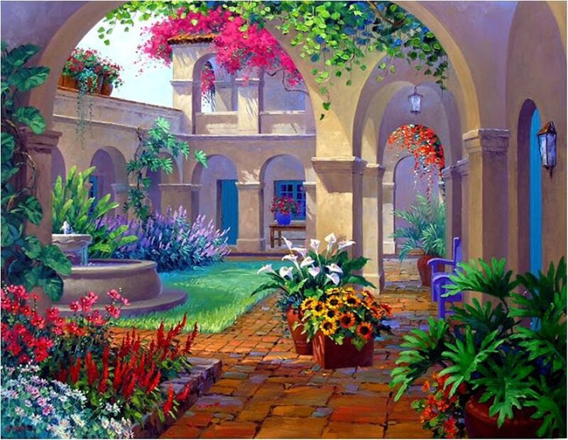 Courtyard with Fountain — Green, Serene, Afternoon, Painting, Arches