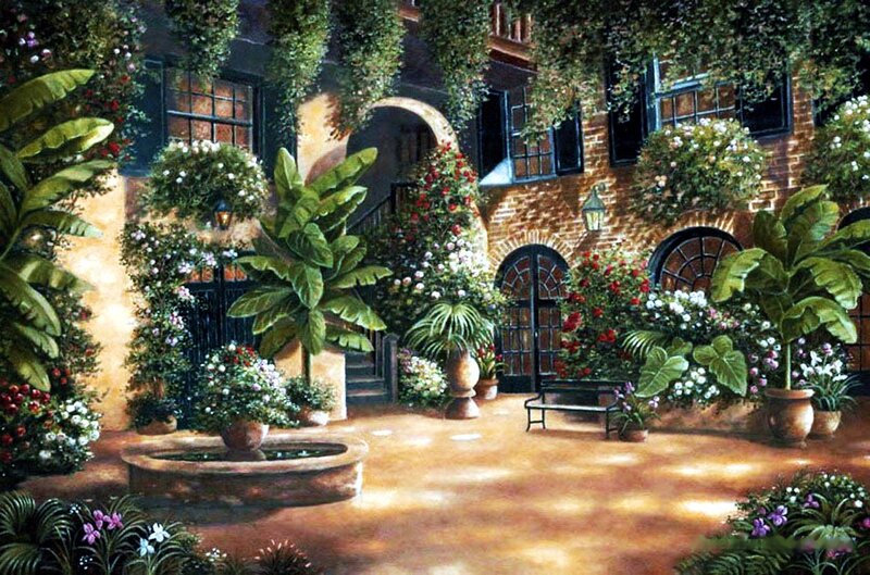 Courtyard with Fountain — Green, Serene, Afternoon, Painting, Plants
