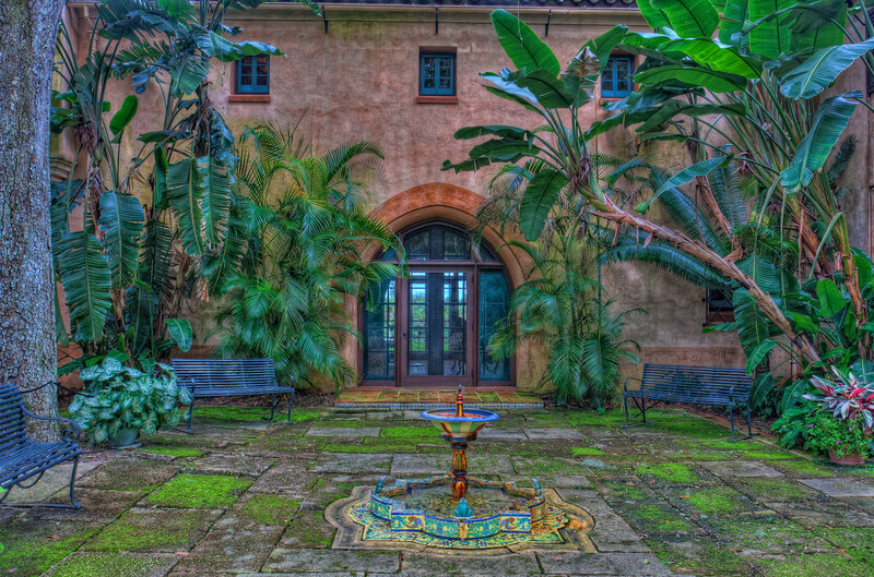 Courtyard with Fountain — Green, Serene, Afternoon, Photograph