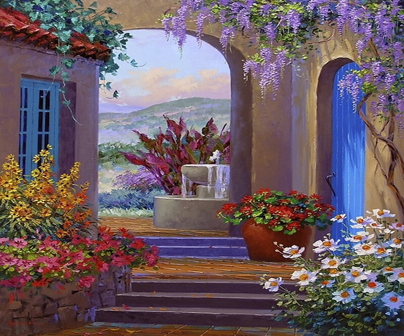Courtyard with Fountain — Purple