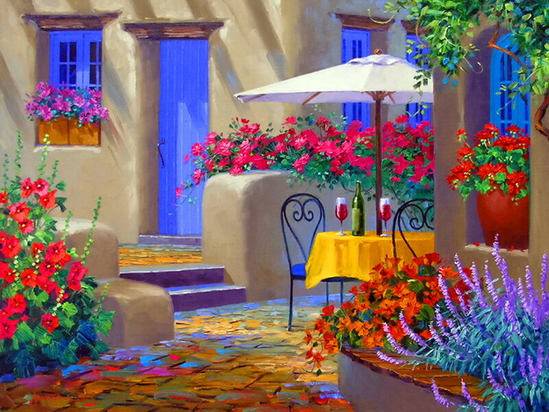 Courtyard with Table and Flowers