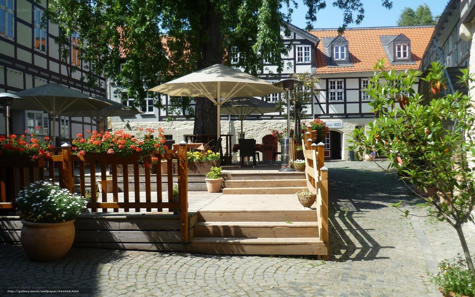 Courtyard with timber-framed buildings