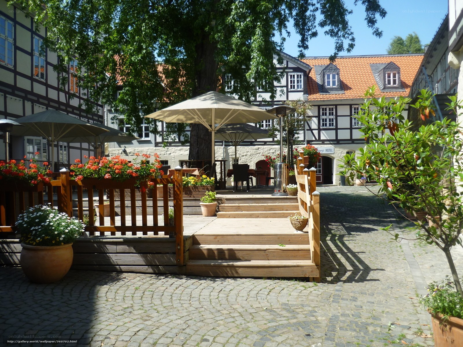 Courtyard with timber-framed buildings