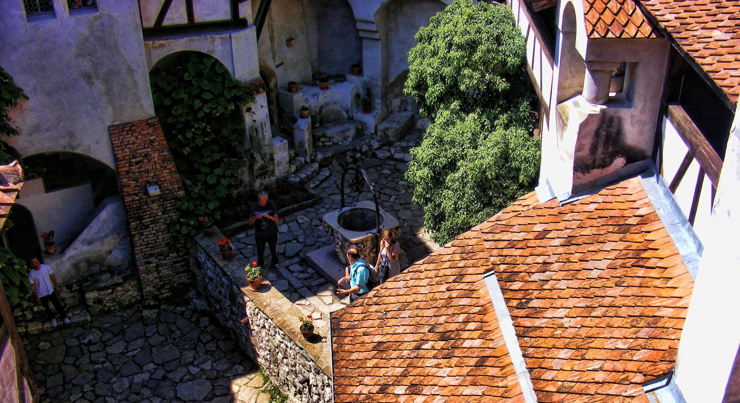 Courtyard with well and red roofs