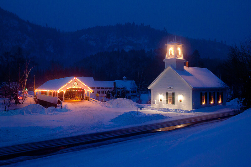 Covered Bridge and Church — Blue