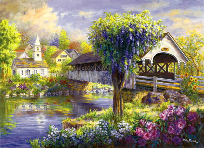 Covered Bridge and Church — Purple, Serene