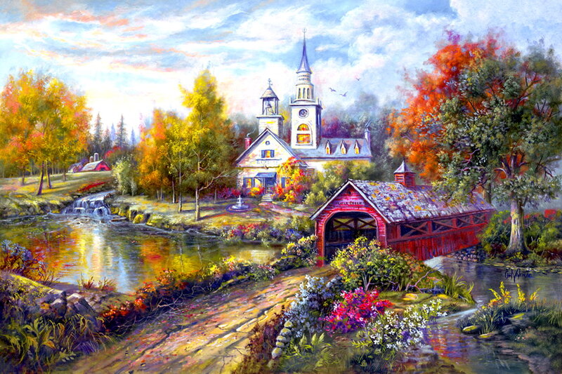 Covered Bridge and Church — Red