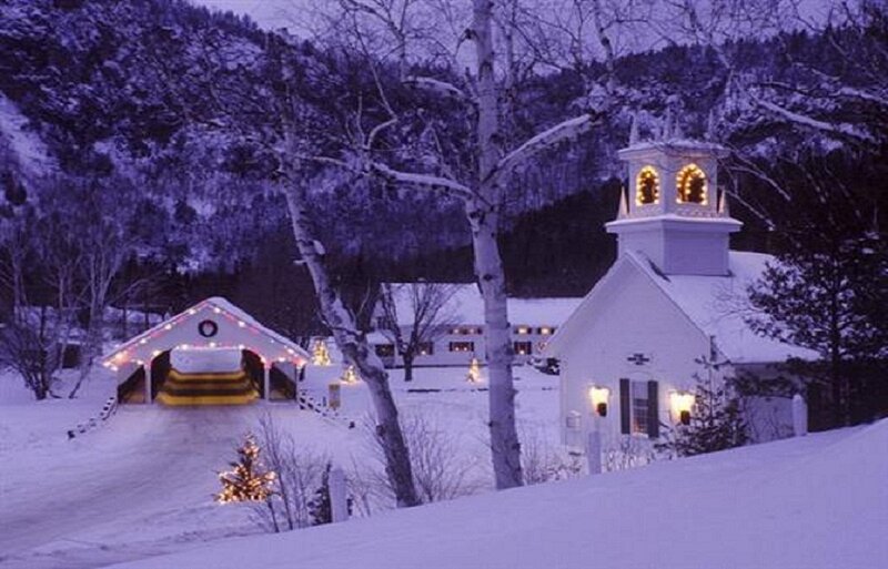 Covered Bridge and Church — White, Serene