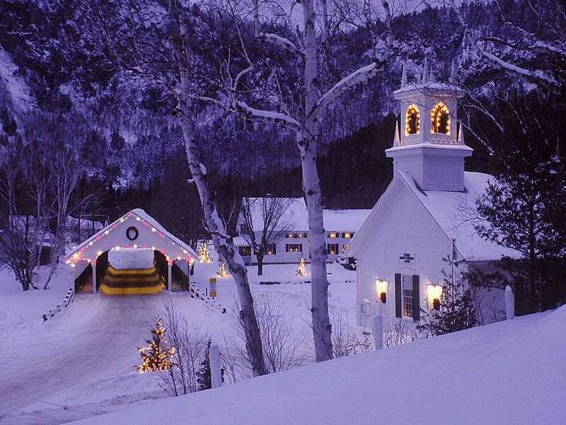 Covered Bridge and Church — White